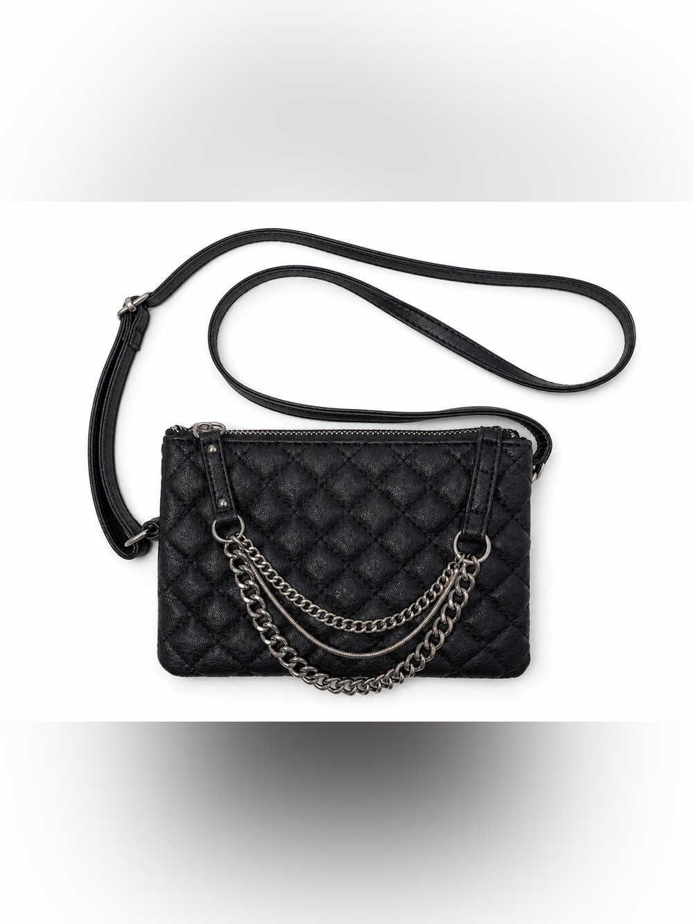 Express Women’s Black Quilted Crossbody Bag with Silver Chain Accent